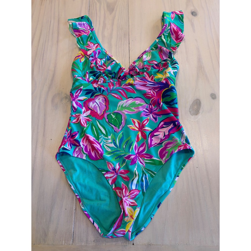 Stella Parker Tropical Floral Ruffle One Piece Swimsuit Teal Pink KL3TM16 Large